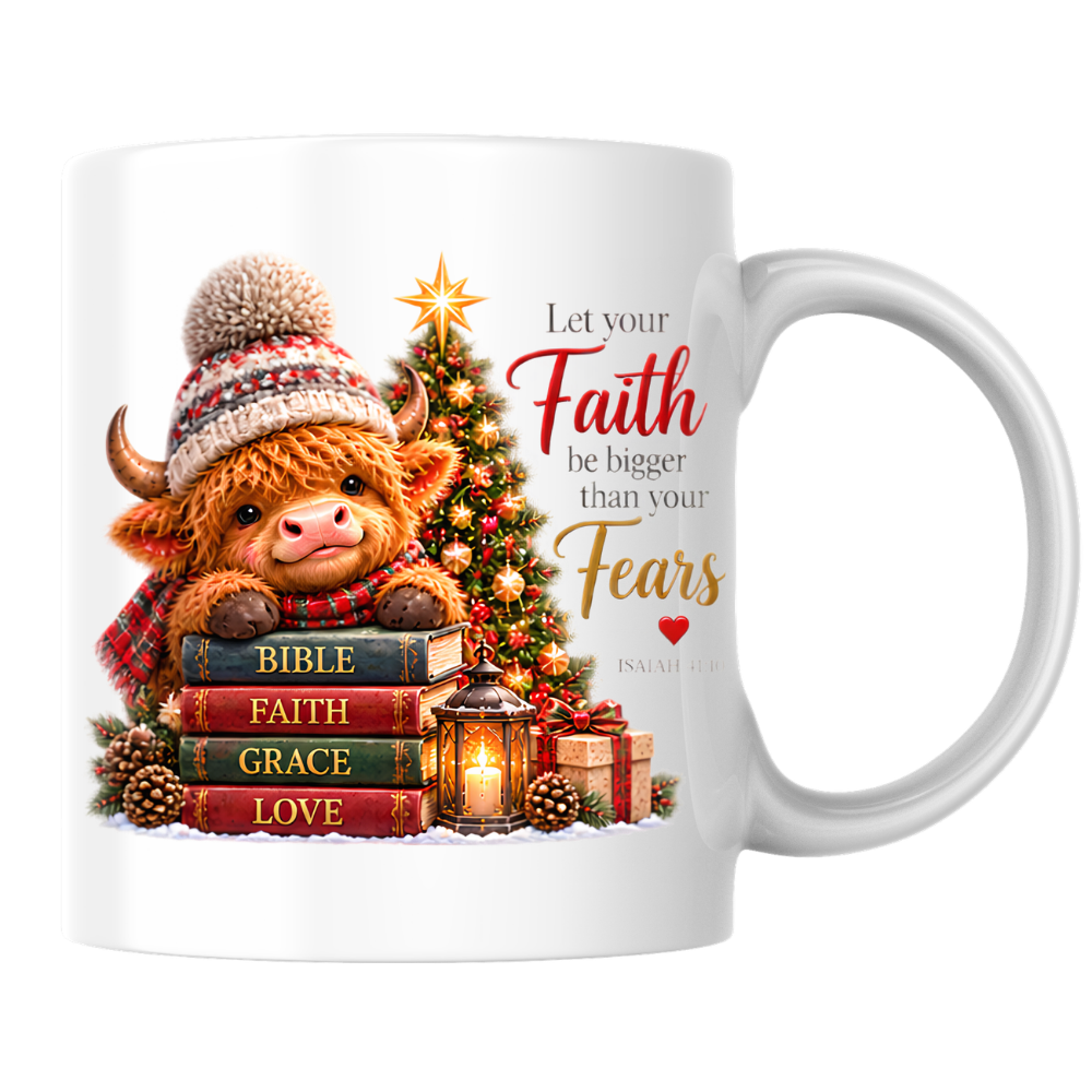 Christmas Mug "Let Your Faith Be Bigger Than Your Fears Highland Cow" 325ml Ceramic Coffee Mug – Highland Cow Mug With Books Christmas Tree Lantern Christian Holiday Gift | Available in Multicolours | Fast Dispatch by UK Seller (M3306)