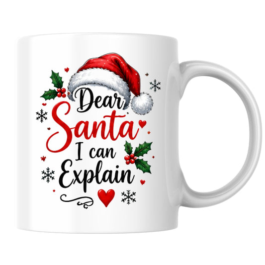 Humorous Mug "Dear Santa I can Explain" Santa Hat 325ml Ceramic Coffee Mug Funny Winter Holiday Tea Cup with Holly Berries & Slogan Gift | Available in Multicolours | Fast Dispatch by UK Seller (M1266)