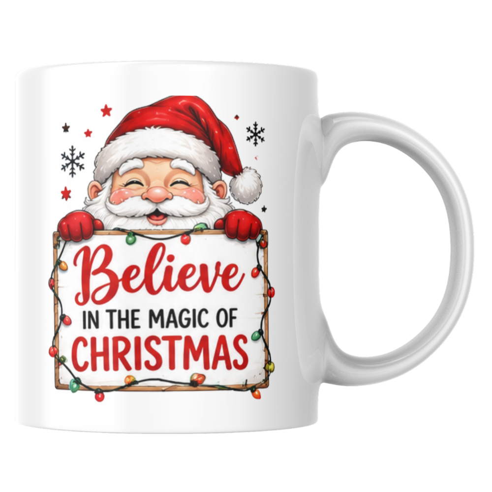 Magical Mug "Believe in the Magic of Christmas" Santa Ceramic Coffee Mug – Cute Holiday Tea Cup with Fairy Lights & Wooden Sign Gift 350ml | Available in Multicolours | Fast Dispatch by UK Seller (M1236)