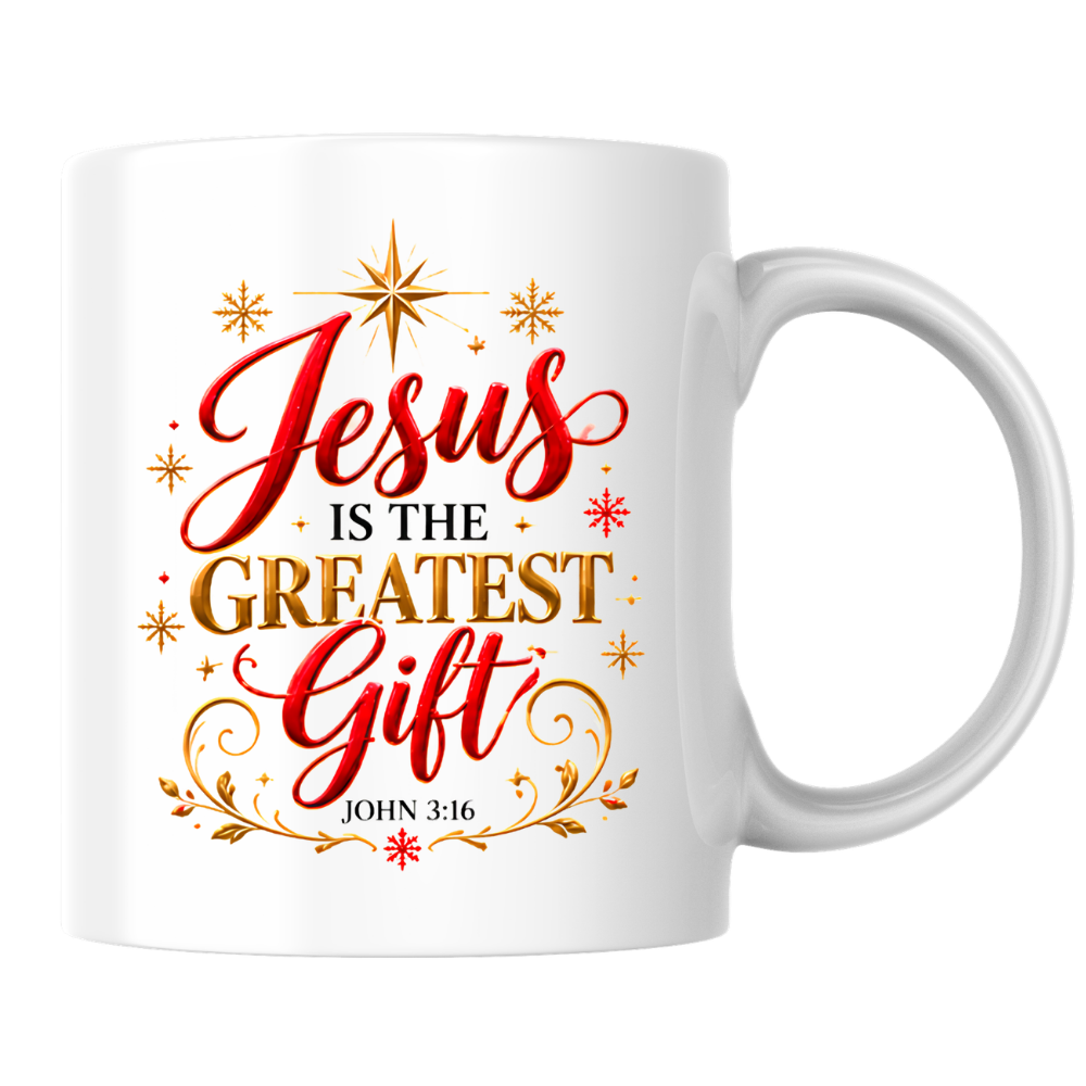 Christmas Mug "Jesus Is The Greatest Gift John 3 16" 325ml Ceramic Coffee Mug – Christian Christmas Bible Verse Mug With Gold Star Snowflakes Religious Holiday Gift | Available in Multicolours | Fast Dispatch by UK Seller (M3292)