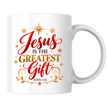 Christmas Mug "Jesus Is The Greatest Gift John 3 16" 325ml Ceramic Coffee Mug – Christian Christmas Bible Verse Mug With Gold Star Snowflakes Religious Holiday Gift | Available in Multicolours | Fast Dispatch by UK Seller (M3292)