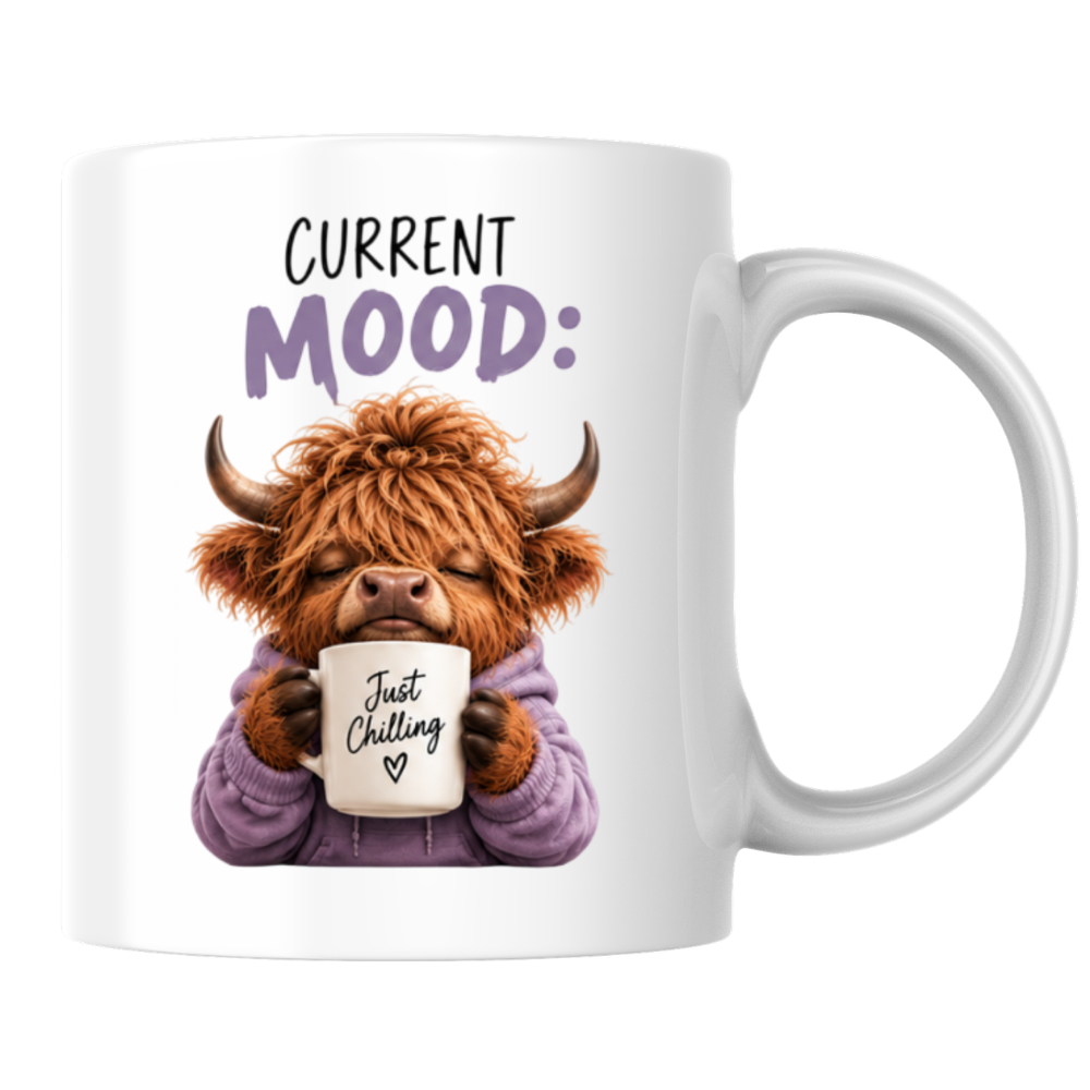 Cozy Highland Cow Mug "Current Mood: Just Chilling" Graphic 325ml Ceramic Coffee Cup Peaceful Highland Cow in Purple Hoodie Novelty Tea Cup | Relaxing Morning Gift for Her & Friends | Available in Multicolours | Fast Dispatch by UK Seller (M3135)