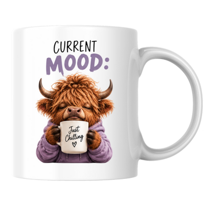 Cozy Highland Cow Mug "Current Mood: Just Chilling" Graphic 325ml Ceramic Coffee Cup Peaceful Highland Cow in Purple Hoodie Novelty Tea Cup | Relaxing Morning Gift for Her & Friends | Available in Multicolours | Fast Dispatch by UK Seller (M3135)