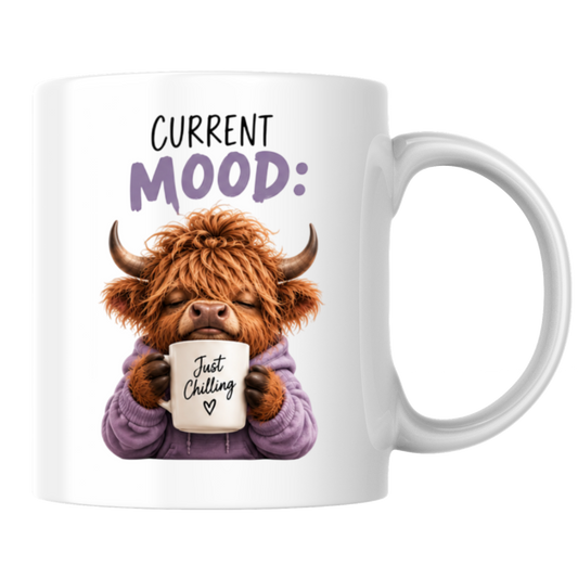 Cozy Highland Cow Mug "Current Mood: Just Chilling" Graphic 325ml Ceramic Coffee Cup Peaceful Highland Cow in Purple Hoodie Novelty Tea Cup | Relaxing Morning Gift for Her & Friends | Available in Multicolours | Fast Dispatch by UK Seller (M3135)