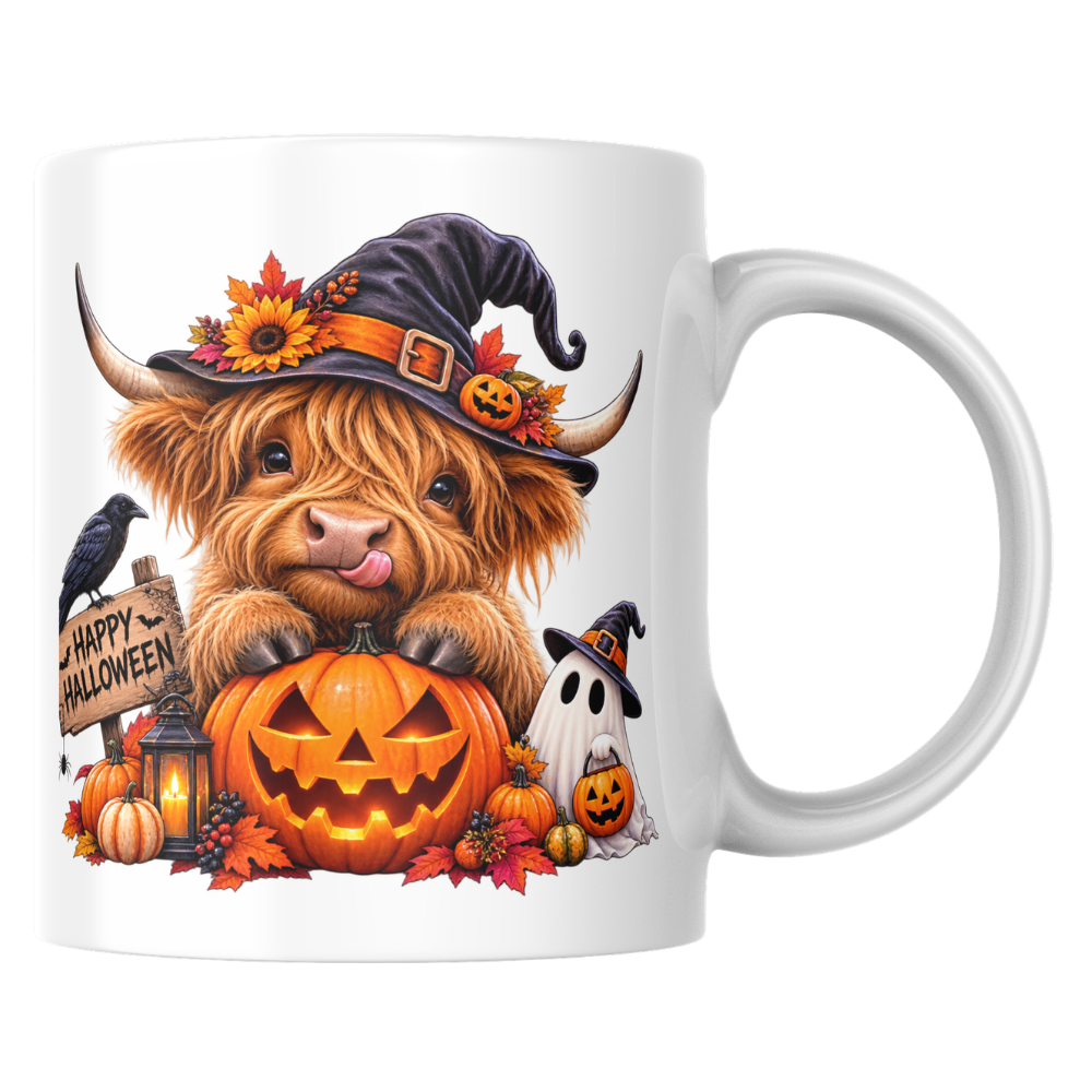 Spooky Cute Halloween Highland Cow Coffee Mug - Witch Hat & Jack-o'-Lantern Pumpkin Ceramic Tea Cup for Fall & Spooky Season Decor (M1212)