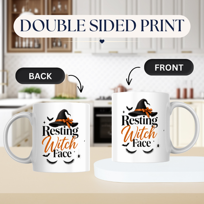 Halloween Mug "Resting Witch Face" Witch Hat 325ml Ceramic Coffee Mug – Sassy Eyelashes Tea Cup with Bow & Spider Graphic Gift | Available in Multicolours | Fast Dispatch by UK Seller (M3076)