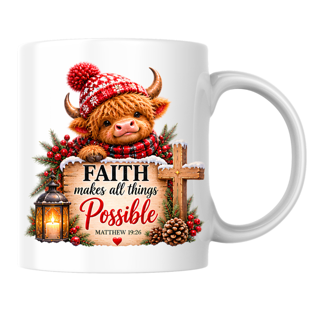 Christmas Mug "Faith Makes All Things Possible Matthew 19:26" Faith Makes All Things Possible 325ml Ceramic Coffee Mug – Festive Highland Cow Mug With Wooden Cross Lantern Holiday Gift | Available in Multicolours | Fast Dispatch by UK Seller (M3318)