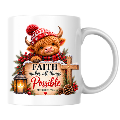 Christmas Mug "Faith Makes All Things Possible Matthew 19:26" Faith Makes All Things Possible 325ml Ceramic Coffee Mug – Festive Highland Cow Mug With Wooden Cross Lantern Holiday Gift | Available in Multicolours | Fast Dispatch by UK Seller (M3318)