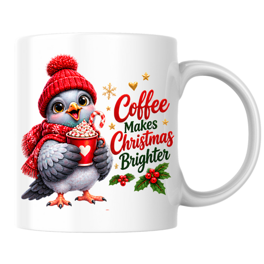 Christmas Mug "Coffee Makes Christmas Brighter Cute Bird" 325ml Ceramic Coffee Mug – Cute Christmas Bird in Red Beanie Hat Scarf Holding Cocoa Cup Holiday Gift For Bird Coffee Lovers | Available in Multicolours | Fast Dispatch by UK Seller (M3266)