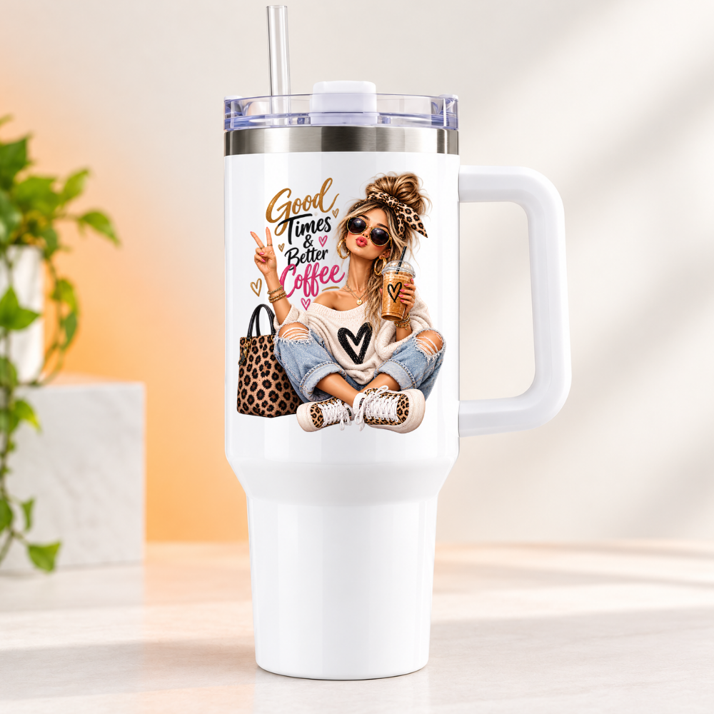 Sassy Fashion Travel Tumbler "Good Times & Better Coffee" Graphic 40oz Stainless Steel Insulated Travel Mug with Handle & Straw – Trendy Girl with Peace Sign, Leopard Headband, Handbag & Iced Coffee Novelty Travel Cup | Fast Dispatch by UK Seller (T3018)