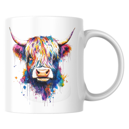 Colorful Watercolor Splash Highland Cow Ceramic Coffee Mug (M1209)