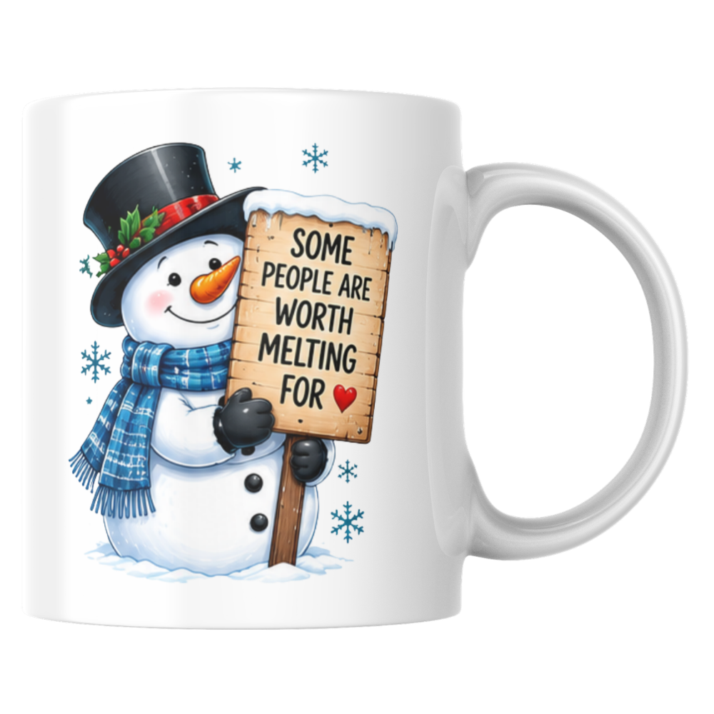 Heartwarming Mug "Some People Are Worth Melting For" Snowman Ceramic Coffee Mug – Cute Winter Holiday Tea Cup with Blue Scarf & Wooden Sign Quote Gift | Available in Multicolours | Fast Dispatch by UK Seller (M1233)