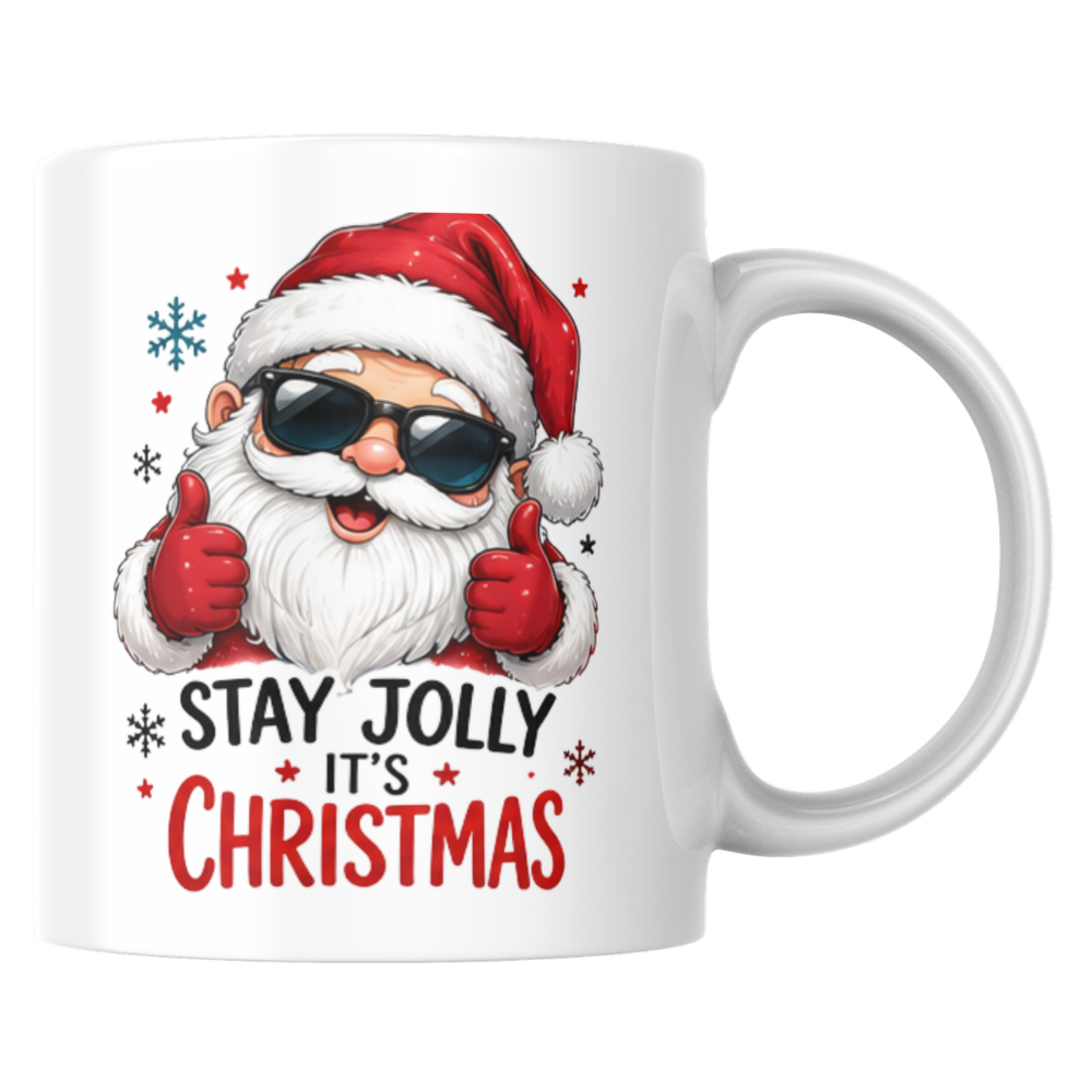 Cool Mug "Stay Jolly It's Christmas" Santa Ceramic Coffee Mug – Funny Holiday Tea Cup with Sunglasses & Thumbs Up Gift 350ml | Available in Multicolours | Fast Dispatch by UK Seller (M1235)