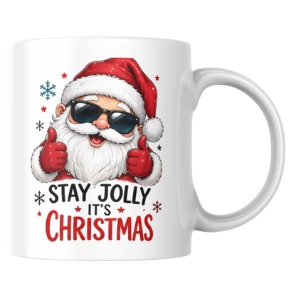 Cool Mug "Stay Jolly It's Christmas" Santa Ceramic Coffee Mug – Funny Holiday Tea Cup with Sunglasses & Thumbs Up Gift 350ml | Available in Multicolours | Fast Dispatch by UK Seller (M1235)