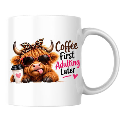 Humorous Mug "Coffee First Adulting Later" Highland Cow 325ml Ceramic Coffee Mug Cute Animal Tea Cup with Sunglasses, Leopard Bow & Coffee Cup Gift | Available in Multicolours | Fast Dispatch by UK Seller (M1276)