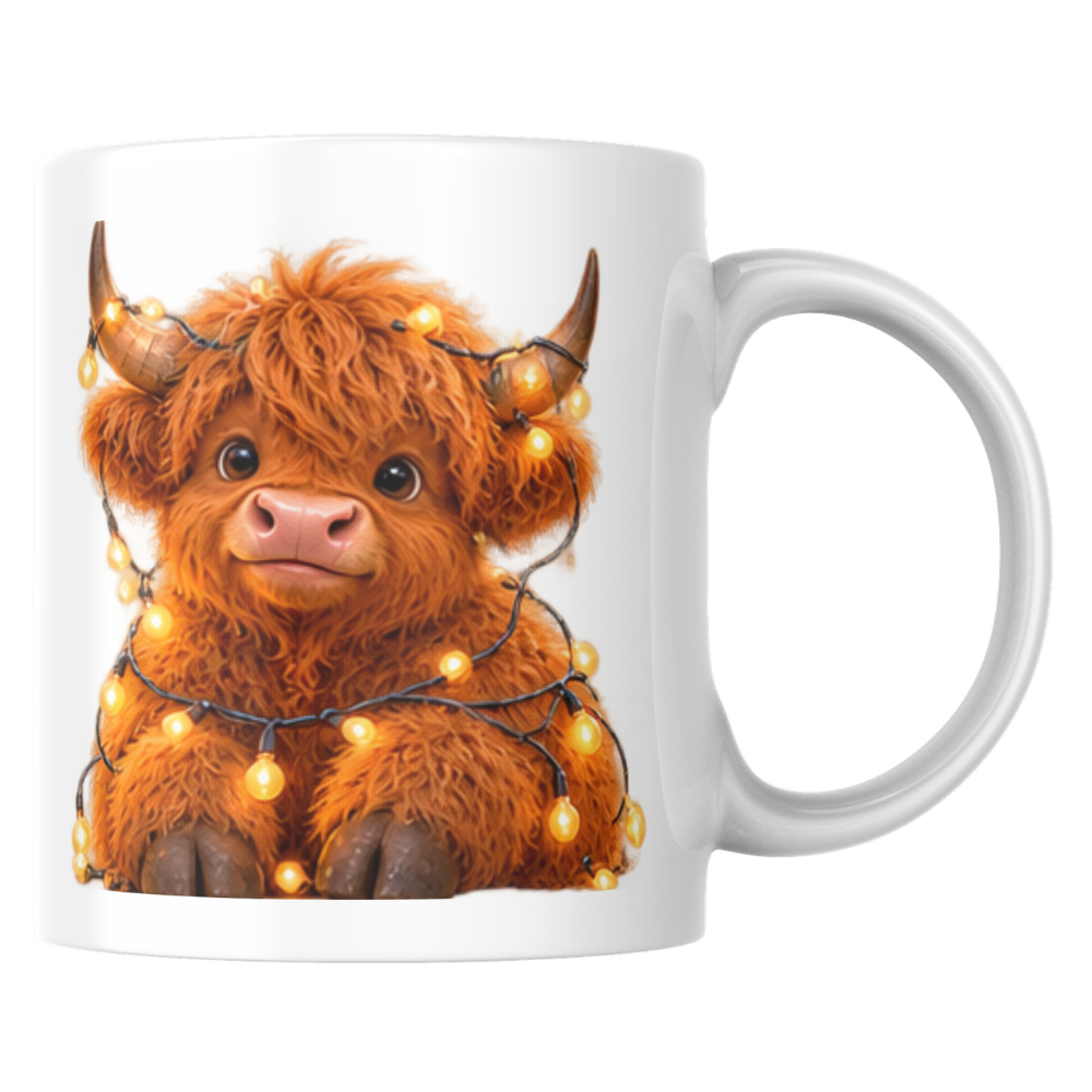 Fairy Lights Highland Cow Ceramic Coffee Mug - Glowing Warm Light Farm Animal Tea Cup for Cozy Winter Nights & Holiday Decor (M1221)