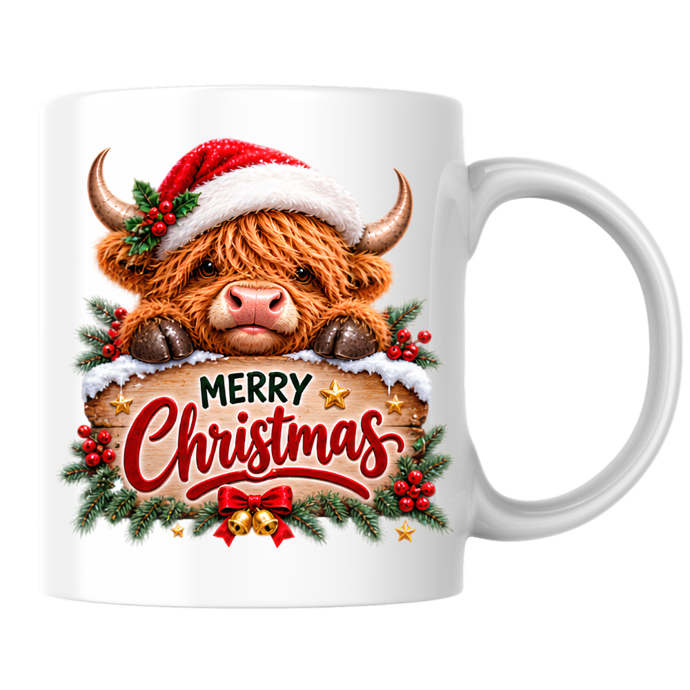 Christmas Mug "Peeking Santa Hat Highland Cow" Peeking Santa Hat Highland Cow 325ml Ceramic Coffee Mug – Cute Festive Wooden Sign Tea Cup With Holly Jingle Bells Graphic Present | Available in Multicolours | Fast Dispatch by UK Seller (M3171)