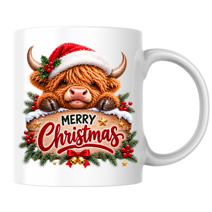 Christmas Mug "Peeking Santa Hat Highland Cow" Peeking Santa Hat Highland Cow 325ml Ceramic Coffee Mug – Cute Festive Wooden Sign Tea Cup With Holly Jingle Bells Graphic Present | Available in Multicolours | Fast Dispatch by UK Seller (M3171)