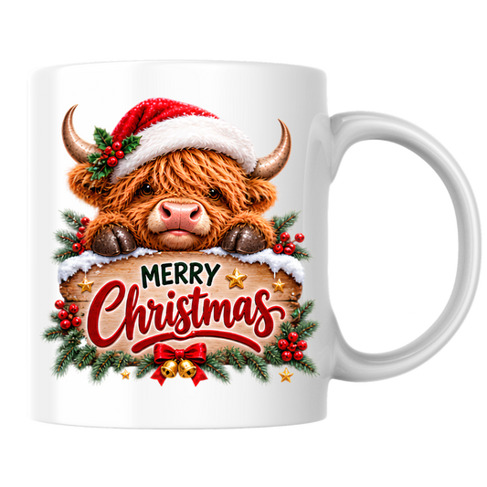 Christmas Mug "Peeking Santa Hat Highland Cow" Peeking Santa Hat Highland Cow 325ml Ceramic Coffee Mug – Cute Festive Wooden Sign Tea Cup With Holly Jingle Bells Graphic Present | Available in Multicolours | Fast Dispatch by UK Seller (M3171)