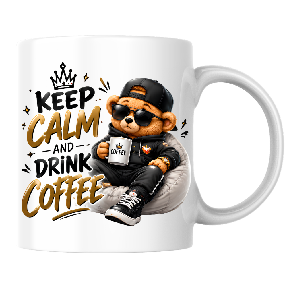 Teddy Bear Mug "Keep Calm And Drink Coffee" 325ml Ceramic Coffee Tea Cup – Cool Bear Graphic, Sunglasses, Hoodie & Slogan Novelty Gift for Coffee Lovers, Birthday – Fast Dispatch by UK Seller (M3504)