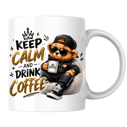 Teddy Bear Mug "Keep Calm And Drink Coffee" 325ml Ceramic Coffee Tea Cup – Cool Bear Graphic, Sunglasses, Hoodie & Slogan Novelty Gift for Coffee Lovers, Birthday – Fast Dispatch by UK Seller (M3504)