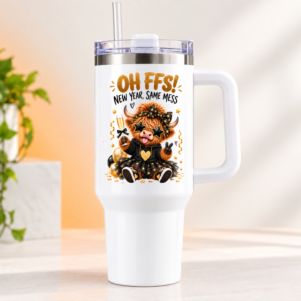 Sassy New Year Highland Cow Travel Tumbler "OH FFS! New Year, Same Mess" Graphic 40oz Stainless Steel Insulated Travel Mug with Handle & Straw – Party Cow in Star Glasses, Tutu, Champagne Glass & Gold Confetti Gift | Fast Dispatch by UK Seller (T3045)