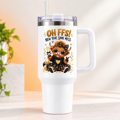 Sassy New Year Highland Cow Travel Tumbler "OH FFS! New Year, Same Mess" Graphic 40oz Stainless Steel Insulated Travel Mug with Handle & Straw – Party Cow in Star Glasses, Tutu, Champagne Glass & Gold Confetti Gift | Fast Dispatch by UK Seller (T3045)