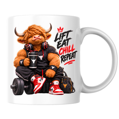 Gym Mug "Lift Eat Chill Repeat Highland Cow" Lift Eat Chill Repeat 325ml Ceramic Coffee Mug – Muscular Highland Cow in Sleeveless Hoodie & Headphones Holding Shaker Cup Gym Fitness Gift | Available in Multicolours | Fast Dispatch by UK Seller (M3272)