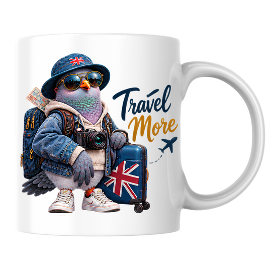 Travel Mug "Travel More Cool Pigeon" 325ml Ceramic Coffee Mug – Cool Traveller Pigeon with Camera, Bucket Hat, Denim Jacket & Union Jack Suitcase Gift For Photographers Globe Trotters | Available in Multicolours | Fast Dispatch by UK Seller (M3241)
