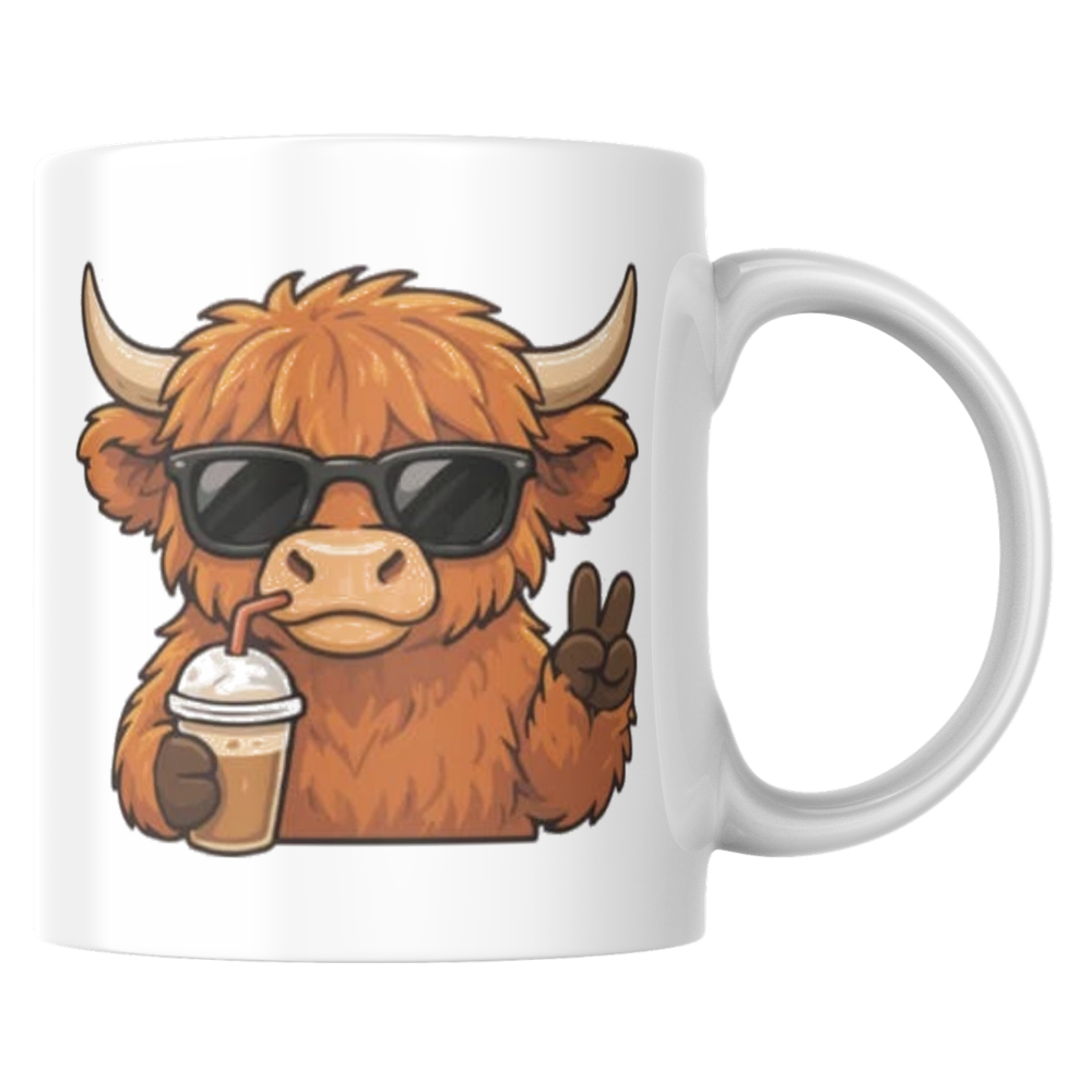 Cool Highland Cow Drinking Iced Coffee Mug - Cute Animated Farm Animal Ceramic Tea Cup with Sunglasses & Peace Sign (M1203)