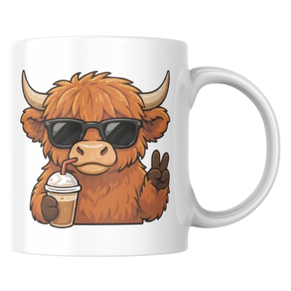 Cool Highland Cow Drinking Iced Coffee Mug - Cute Animated Farm Animal Ceramic Tea Cup with Sunglasses & Peace Sign (M1203)