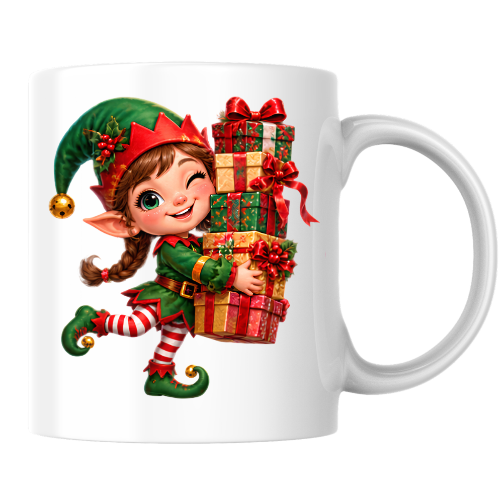 Christmas Mug "Winking Christmas Elf Stacked Presents" Winking Christmas Elf 325ml Ceramic Coffee Mug – Cute Festive Tea Cup with Elf Outfit Jingle Bells Wrapped Gift Stack Graphic Gift | Available in Multicolours | Fast Dispatch by UK Seller (M3183)