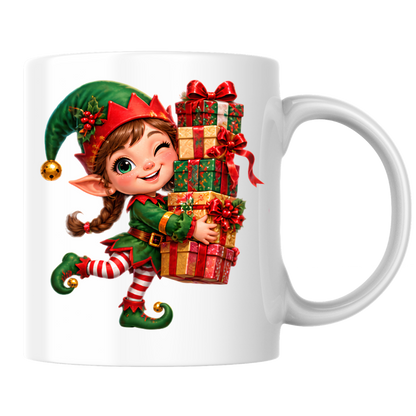 Christmas Mug "Winking Christmas Elf Stacked Presents" Winking Christmas Elf 325ml Ceramic Coffee Mug – Cute Festive Tea Cup with Elf Outfit Jingle Bells Wrapped Gift Stack Graphic Gift | Available in Multicolours | Fast Dispatch by UK Seller (M3183)