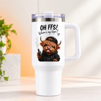 Funny Sassy Highland Cow Travel Tumbler "OH FFS! Where's my Vape?" Graphic 40oz Stainless Steel Insulated Travel Mug with Handle & Straw – Cheeky Cow in Black Hoodie & Cap Vaping Novelty Travel Cup | Fast Dispatch by UK Seller (T3028)