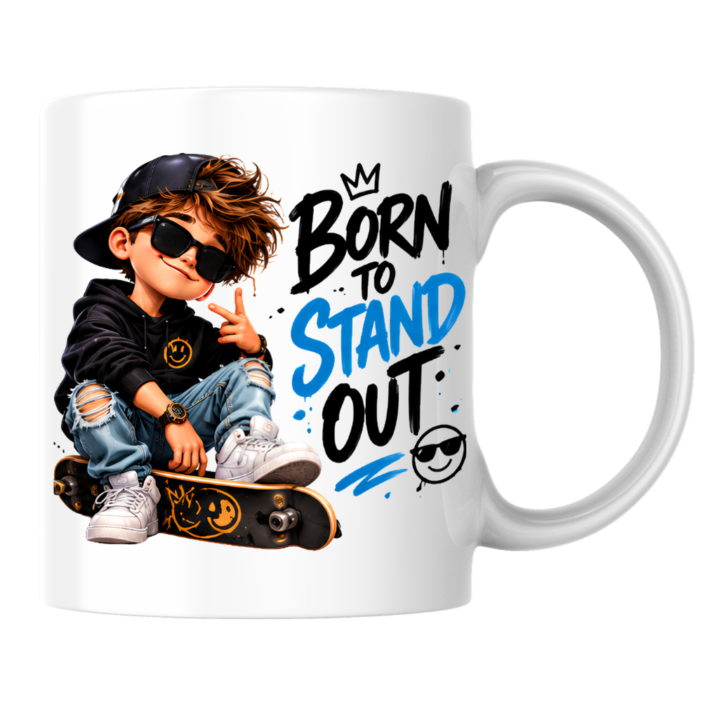 Skater Mug "Born To Stand Out" 325ml Ceramic Coffee Tea Cup – Cool Boy Graphic, Sunglasses, Skateboard & Slogan Novelty Gift for Teens, Bestie, Birthday – Fast Dispatch by UK Seller (M3498)