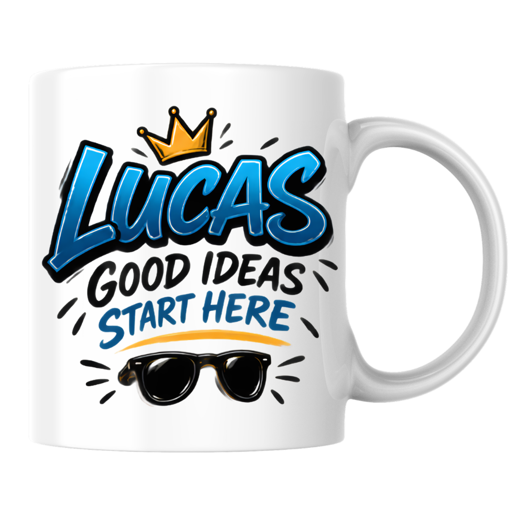 Personalized Name Mug "Lucas Good Ideas Start Here" Lucas Good Ideas Start Here 325ml Ceramic Coffee Mug – Custom Name Typography Slogan with Golden Crown & Sunglasses Graphic | Cool Gift | Fast Dispatch by UK Seller (M3442)