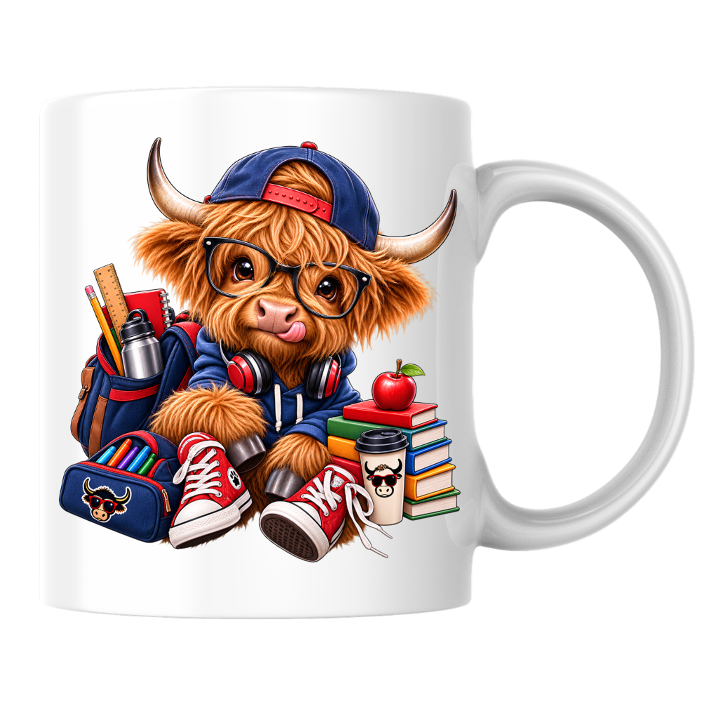 Student Mug "Cool Student Cow" Academic Highland Cow 325ml Ceramic Coffee Mug Trendy School Tea Cup with Glasses and Backpack Graphic Gift | Available in Multicolours | Fast Dispatch by UK Seller (M3153)