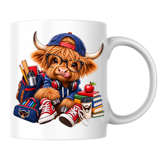 Student Mug "Cool Student Cow" Academic Highland Cow 325ml Ceramic Coffee Mug Trendy School Tea Cup with Glasses and Backpack Graphic Gift | Available in Multicolours | Fast Dispatch by UK Seller (M3153)