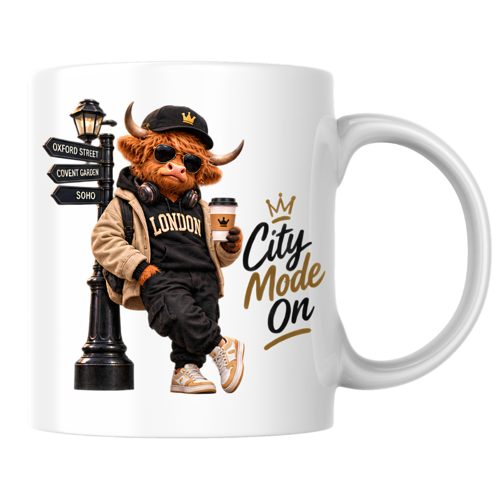 London Mug "City Mode On Cool Highland Cow" City Mode On 325ml Ceramic Coffee Mug – Cool Highland Cow in Cap, Sunglasses & Jacket Leaning on London Street Sign City Gift | Available in Multicolours | Fast Dispatch by UK Seller (M3284)
