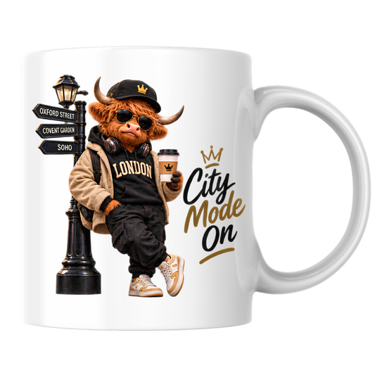 London Mug "City Mode On Cool Highland Cow" City Mode On 325ml Ceramic Coffee Mug – Cool Highland Cow in Cap, Sunglasses & Jacket Leaning on London Street Sign City Gift | Available in Multicolours | Fast Dispatch by UK Seller (M3284)