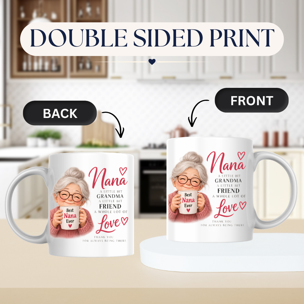 Family Mug "Nana A LITTLE BIT GRANDMA A LITTLE BIT FRIEND A WHOLE LOT OF Love" Sweet Grandma 325ml Ceramic Coffee Mug – Heartwarming Nana Tea Cup with Smiling Grandma & Mini Mug Graphic Gift | Available in Multicolours | Fast Dispatch by UK Seller (M3012)