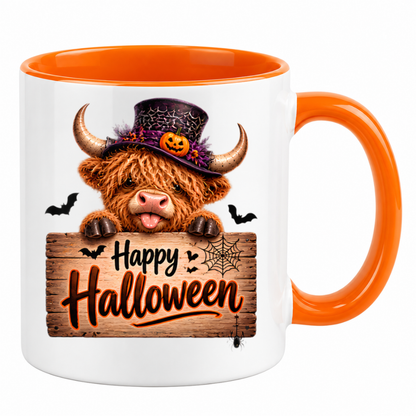 Halloween Mug "Highland Cow Top Hat Happy Halloween" Highland Cow Top Hat Happy Halloween 325ml Ceramic Coffee Mug – Cute Halloween Autumn Tea Cup Spiderweb Top Hat Jack O Lantern Wooden Sign Spider Graphic Gift | Fast Dispatch by UK Seller (M3218)
