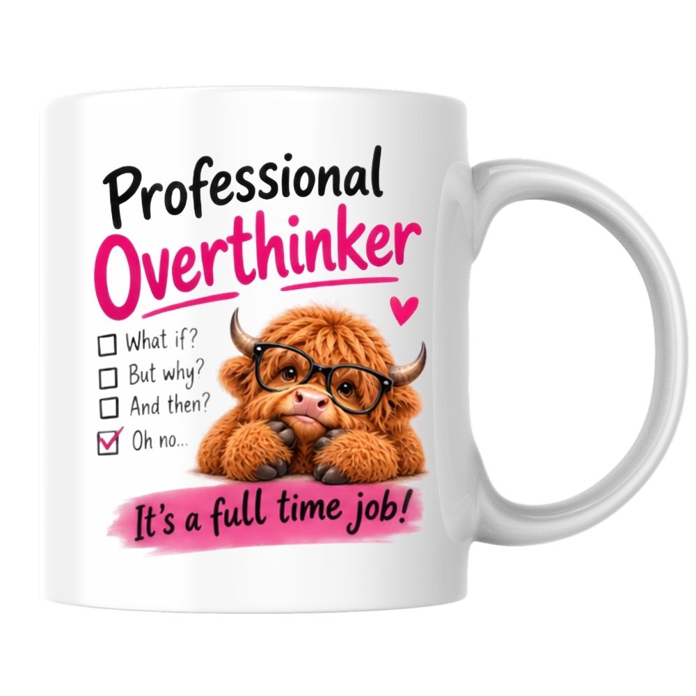 Humorous Mug "Professional Overthinker" Highland Cow 325ml Ceramic Coffee Mug Funny Relatable Tea Cup with Glasses & Checklist Gift | Available in Multicolours | Fast Dispatch by UK Seller (M1289)