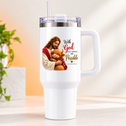 Inspirational Religious Highland Cow Travel Tumbler "With God All Things Are Possible" Graphic 40oz Stainless Steel Insulated Travel Mug with Handle & Straw â€“ Jesus Hugging Highland Calf in Scarf Novelty Travel Cup | Fast Dispatch by UK Seller (T3009)