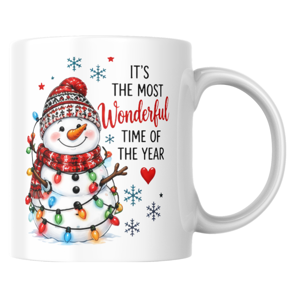 Festive Mug "Most Wonderful Time" Snowman Ceramic Coffee Mug – Cute Winter Holiday Tea Cup with Fairy Lights & Scarf Gift 350ml | Available in Multicolours | Fast Dispatch by UK Seller (M1234)