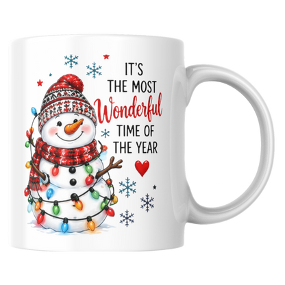 Festive Mug "Most Wonderful Time" Snowman Ceramic Coffee Mug – Cute Winter Holiday Tea Cup with Fairy Lights & Scarf Gift 350ml | Available in Multicolours | Fast Dispatch by UK Seller (M1234)