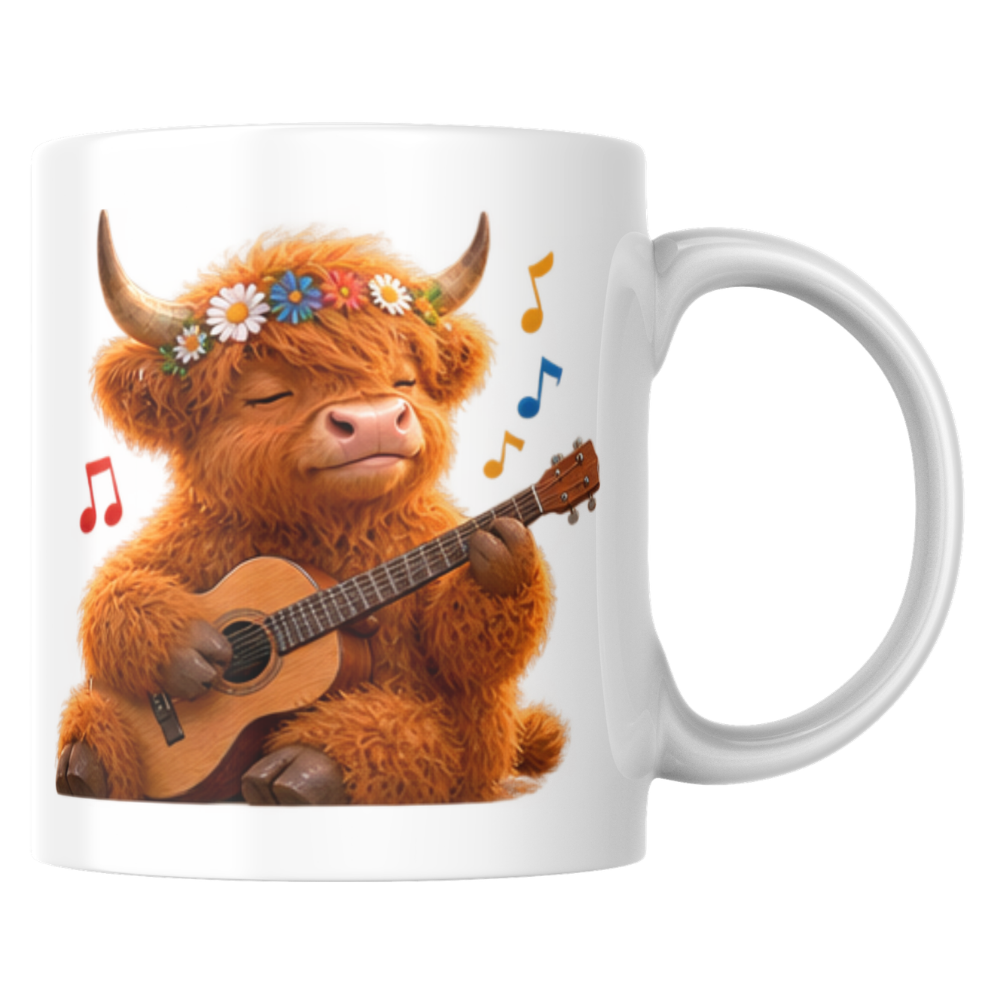 Highland Cow Playing Guitar Ceramic Coffee Mug - Cute Fluffy Farm Animal Flower Crown Tea Cup for Musicians & Music Lovers (M1219)