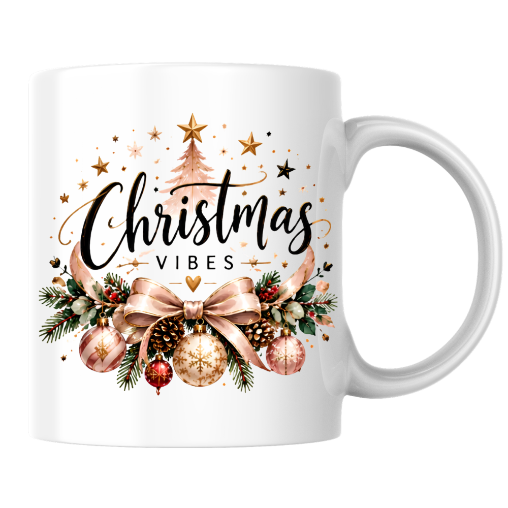 Elegant Rose Gold Christmas Mug "Christmas Vibes" Elegant Christmas Vibes 325ml Ceramic Coffee Mug – Rose Gold Ribbon Bow, Baubles, Pine Garlands & Starry Christmas Tree Slogan | Festive Holiday Gift | Fast Dispatch by UK Seller (M3437)