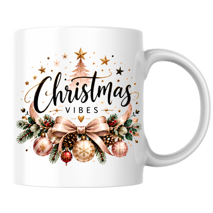 Elegant Rose Gold Christmas Mug "Christmas Vibes" Elegant Christmas Vibes 325ml Ceramic Coffee Mug – Rose Gold Ribbon Bow, Baubles, Pine Garlands & Starry Christmas Tree Slogan | Festive Holiday Gift | Fast Dispatch by UK Seller (M3437)