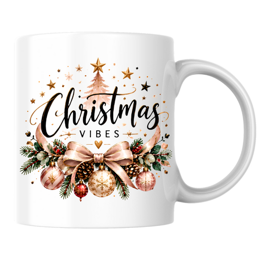 Elegant Rose Gold Christmas Mug "Christmas Vibes" Elegant Christmas Vibes 325ml Ceramic Coffee Mug – Rose Gold Ribbon Bow, Baubles, Pine Garlands & Starry Christmas Tree Slogan | Festive Holiday Gift | Fast Dispatch by UK Seller (M3437)